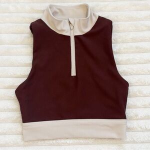 WILO THE LABEL Sports Bra Ribbed Zip Up Brown And Ivory Medium